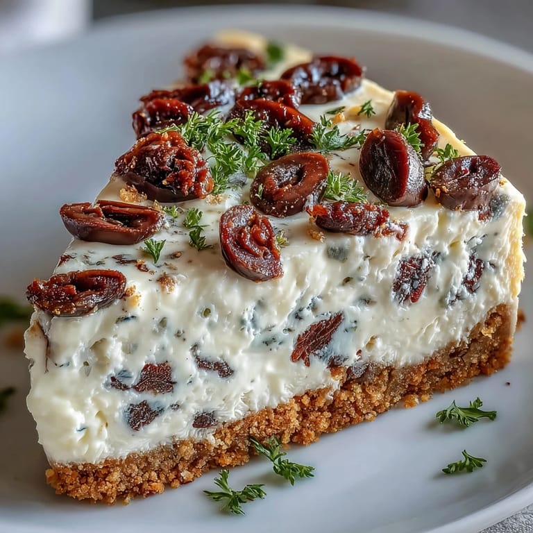 A creamy Kalamata cheesecake appetizer featuring a golden crust, topped with fresh herbs and Kalamata olives.