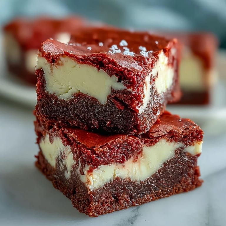 Slice of Red Velvet Cheesecake Brownies showing rich cocoa crumb, tangy cream cheese layers, and fudgy, decadent texture.