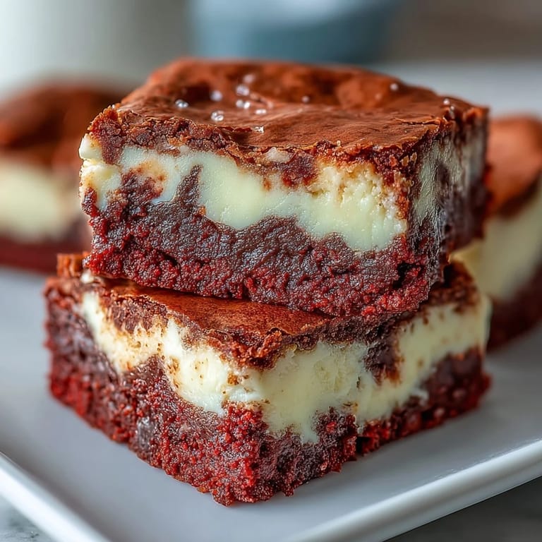 Four square Red Velvet Cheesecake Brownies on a white plate, perfect festive treats ready for holiday gatherings or parties.