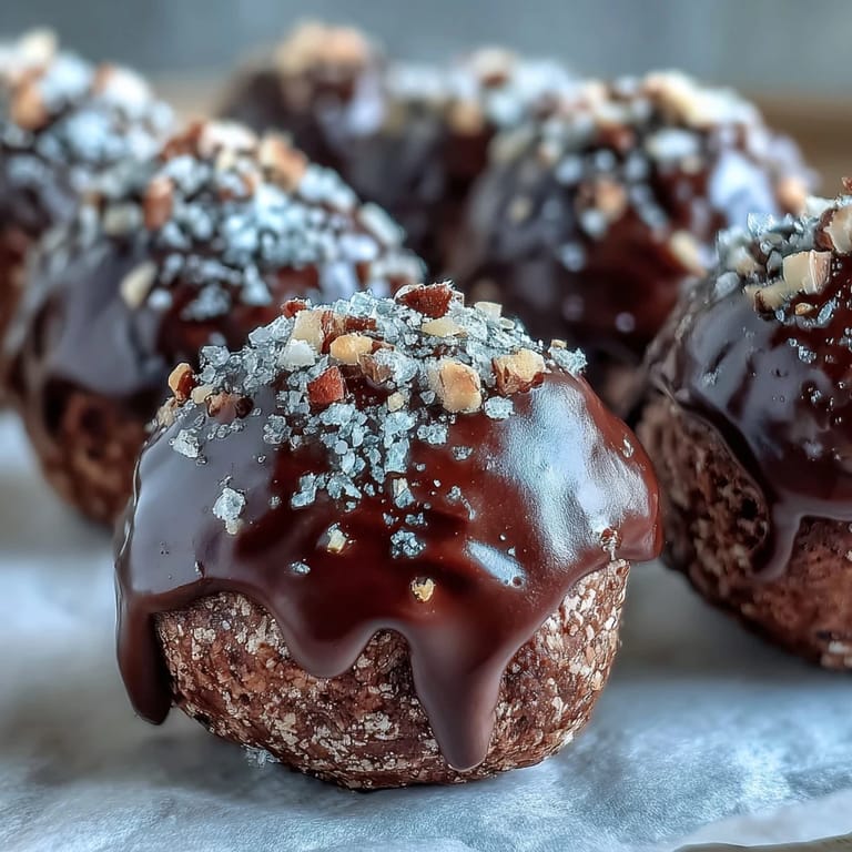 Handmade chocolate truffles rolled in chopped toasted nuts, showcasing a creamy, velvety texture.