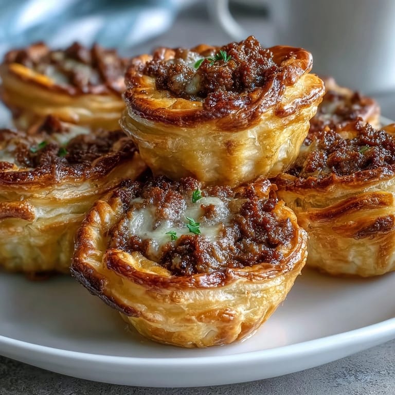 A close-up of Mini Beef Tourtières reveals a spiced ground beef filling peeking from a hand-crimped, buttery pastry edge.