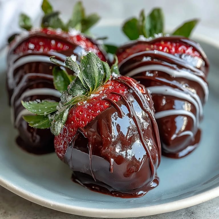 Close-up of freshly dipped chocolate-covered strawberries with white chocolate drizzle, ready to serve chilled.