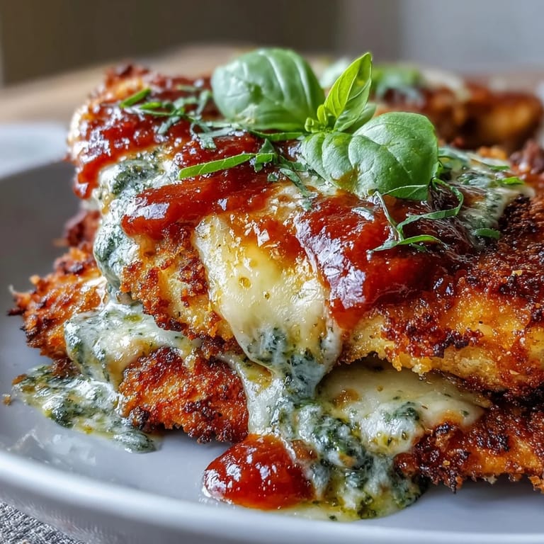 Golden-brown breaded chicken breasts topped with basil pesto and bubbly Parmesan cheese, ready to serve from a white ceramic baking dish.