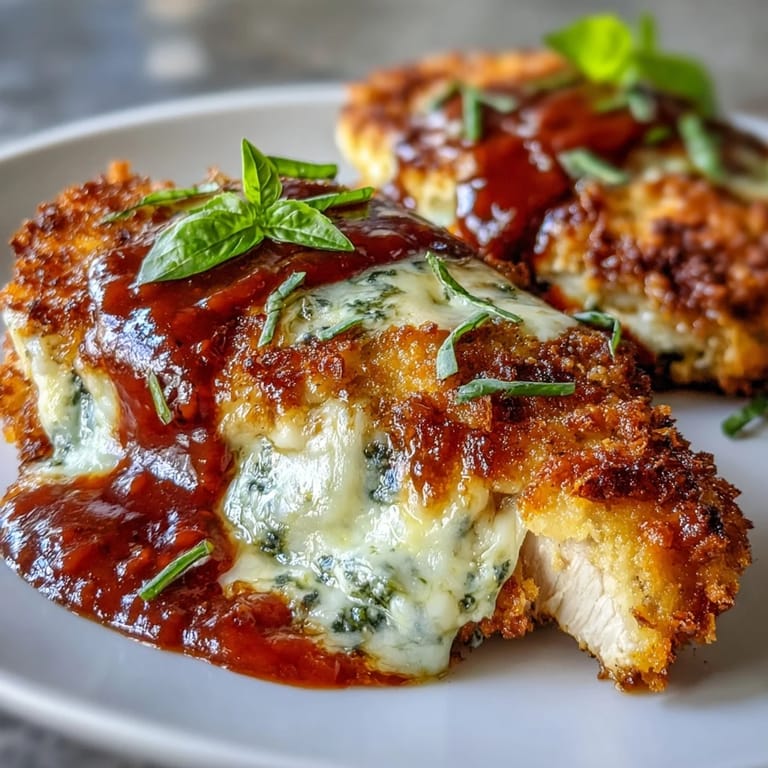 Pan-seared Pesto Chicken Parmesan layered with marinara and pesto, finished with melty cheese and fresh basil, perfect for a weeknight dinner.