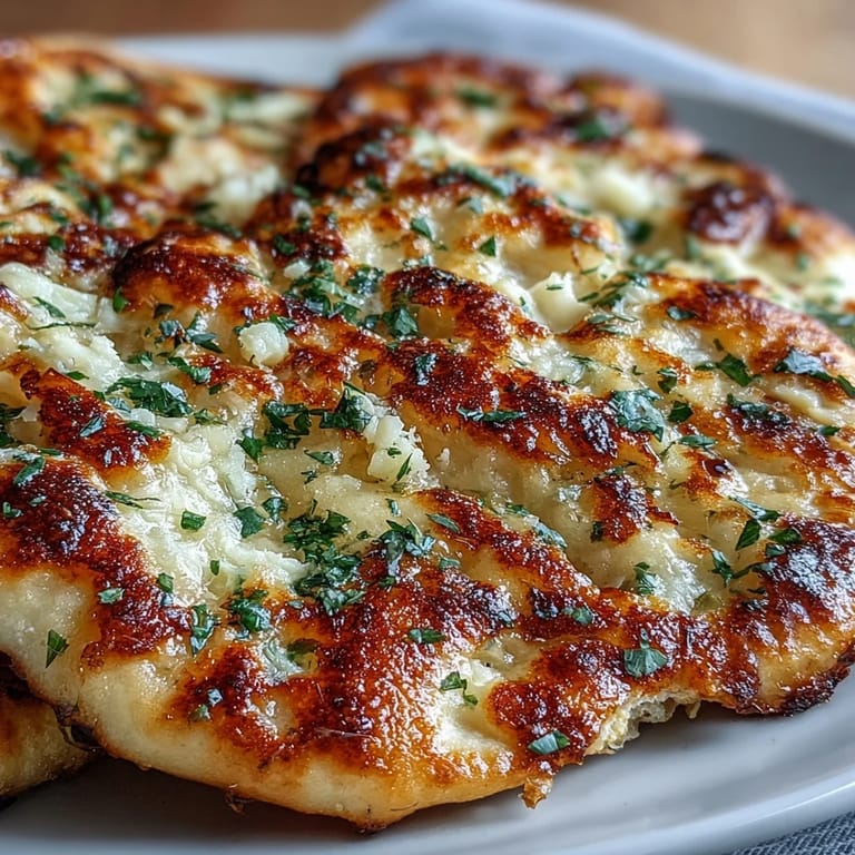 Warm, fluffy The Best Easy Garlic Naan bread served alongside a vibrant curry for a cozy Indian-style dinner.