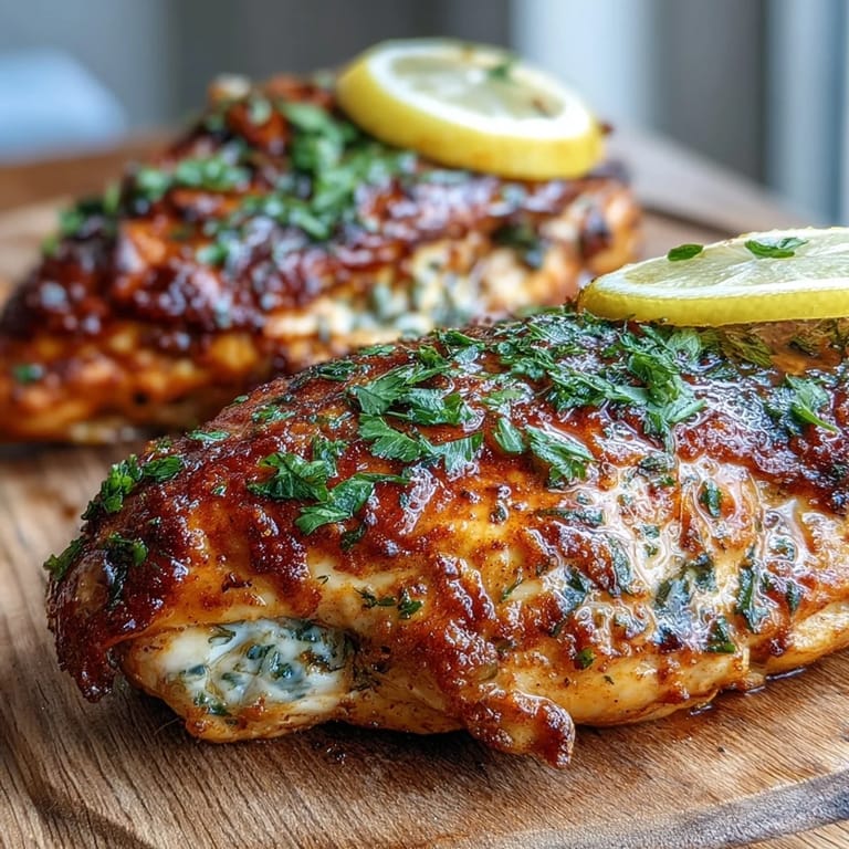 Savory Oven Baked Chicken Breast sliced to reveal juicy interior, garnished with fresh parsley on a rustic wooden table.