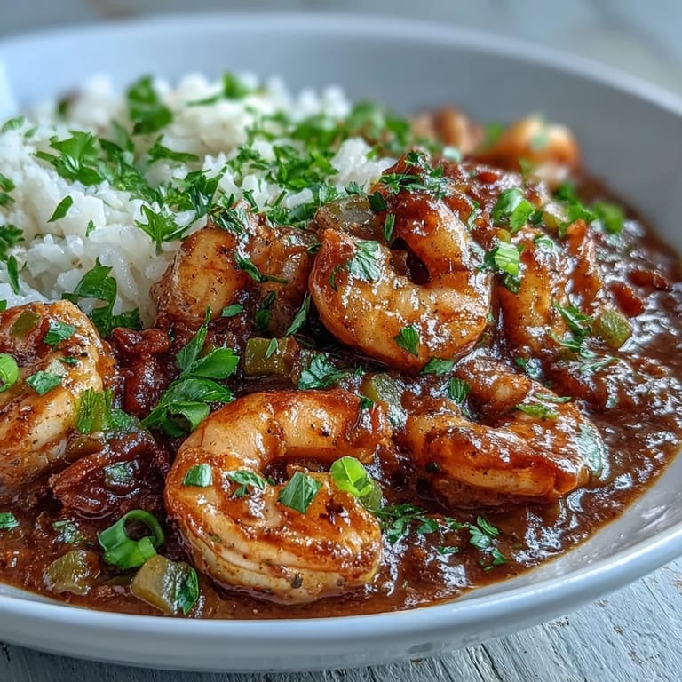 A spoonful of Classic New Orleans Étouffée reveals a rich, dark roux with tender shrimp and vegetables.
