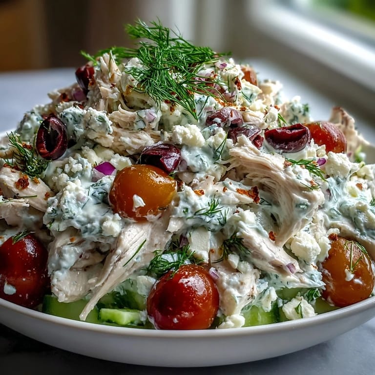 A refreshing bowl of Tzatziki Chicken Salad featuring tender shredded rotisserie chicken, Greek yogurt, and halved cherry tomatoes, perfect for a light meal.