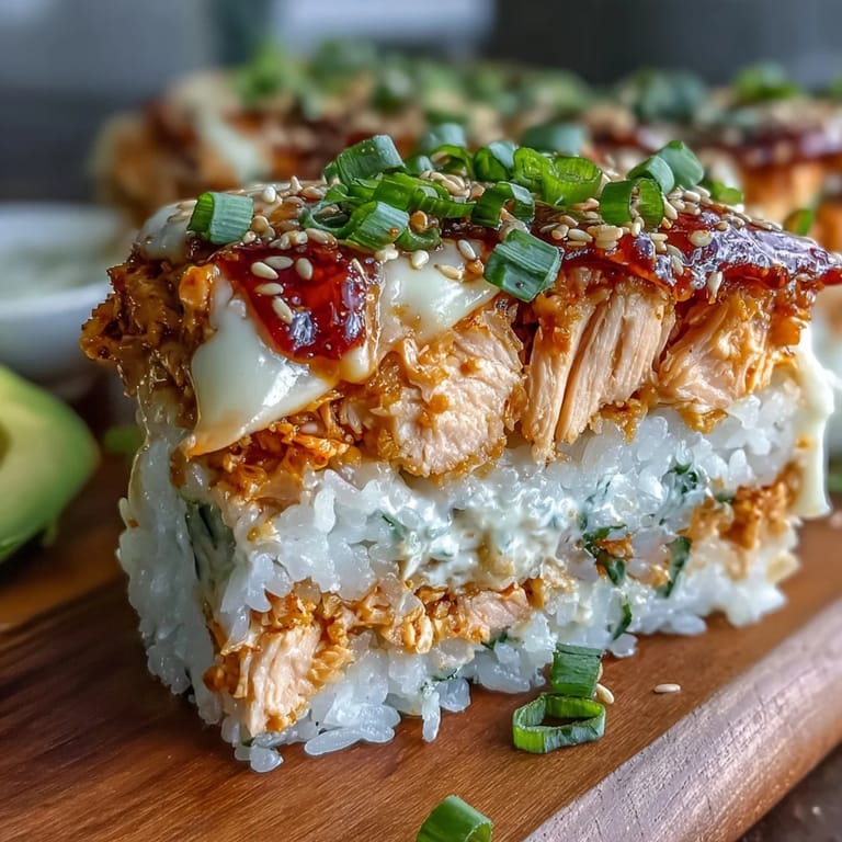 Close-up view of a hot Spicy Salmon Sushi Bake featuring seasoned rice, spicy salmon mixture, and drizzled sriracha mayo.
