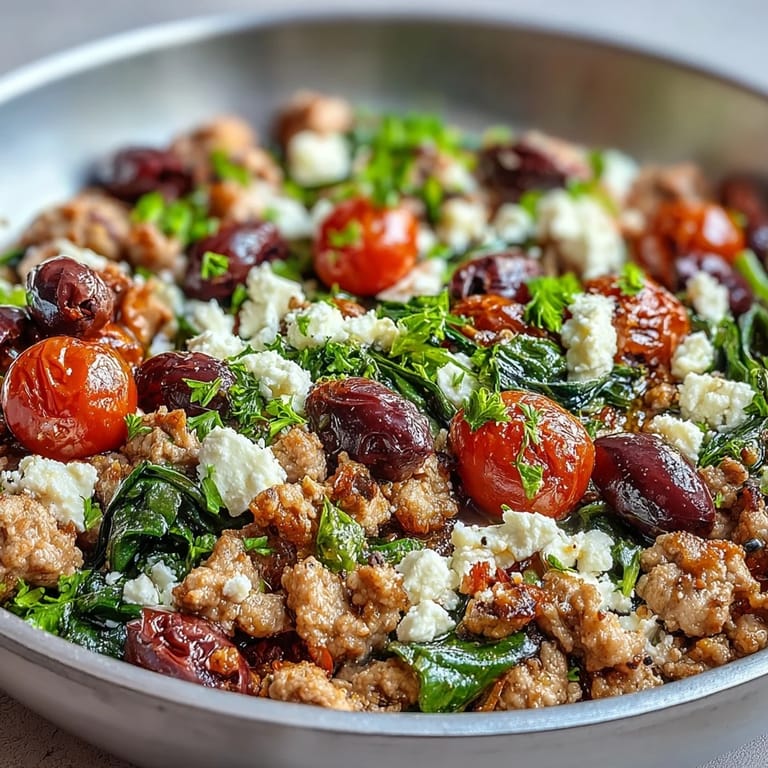 In a pan, Mediterranean Keto Ground Chicken Skillet with Olives and Feta simmers with cherry tomatoes, briny olives, and wilted spinach for a low-carb meal.