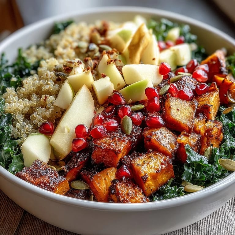Colorful Kale Harvest Grain Bowl featuring fluffy quinoa, crisp diced apple, and a tangy maple Dijon dressing drizzled over the top.