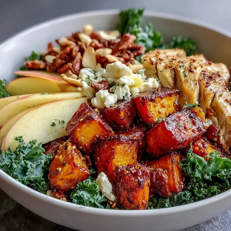 Close-up of a vibrant Fall Sweet Potato Harvest Bowl featuring juicy chicken, tender sweet potatoes, and bright kale for a healthy autumn meal.