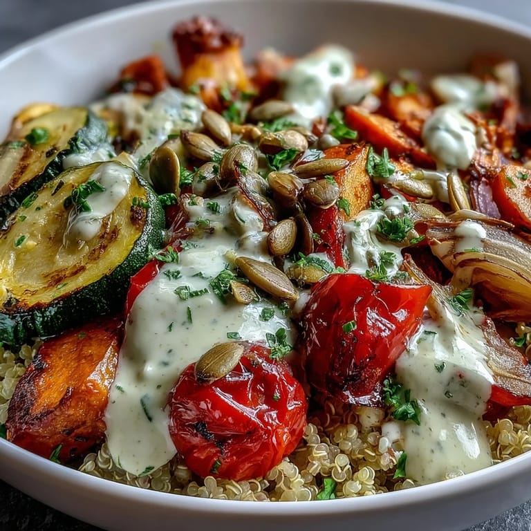 Golden roasted vegetables and fluffy quinoa are garnished with toasted pumpkin seeds and parsley in this colorful Roasted Vegetable Quinoa Bowl, ideal for a healthy lunch.