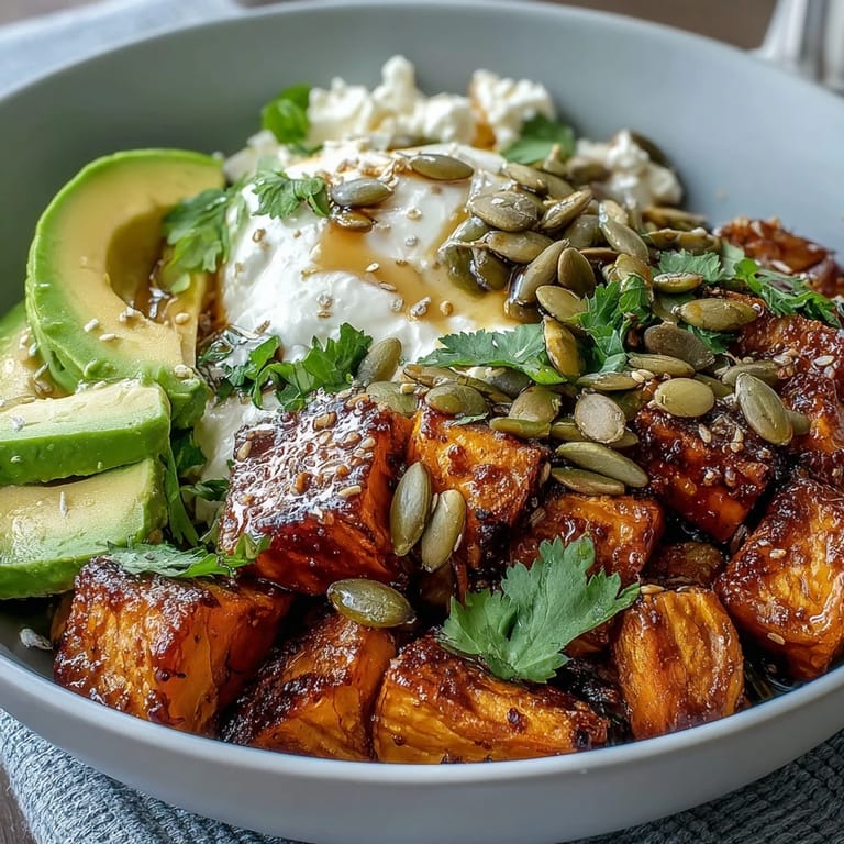 A close-up of a vibrant Hot Honey Sweet Potato Bowl, showcasing glistening hot honey drizzle over avocado and roasted sweet potatoes.