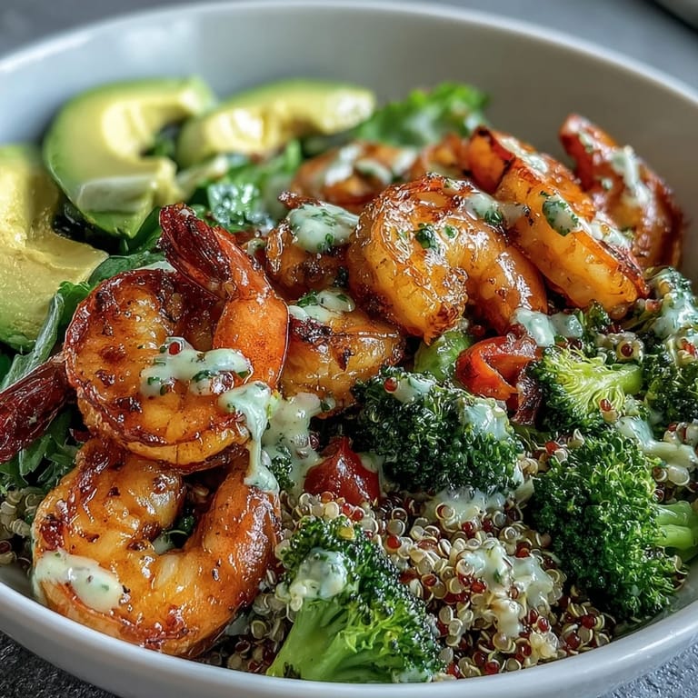 A close view of the Rainbow Vegetable Detox Bowl highlights golden shrimp, bright green asparagus, and a rich balsamic glaze over quinoa.