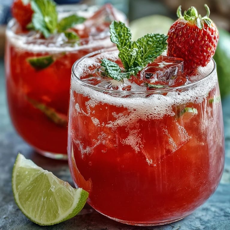 Refreshing strawberry lemon sparkling mocktail served over ice, blending sweet berries and zesty citrus in a fizzy, non-alcoholic drink.