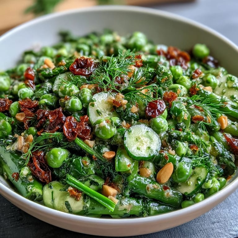 Fresh asparagus ribbons, sweet peas, and arugula tossed in bright lemon dressing for a refreshing vegetarian salad.