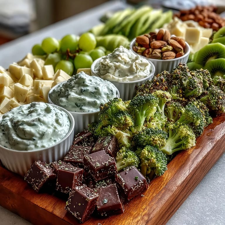 Vibrant St. Patrick's Day green food board featuring grapes, kiwi, cucumber, and festive sweet and savory snacks.
