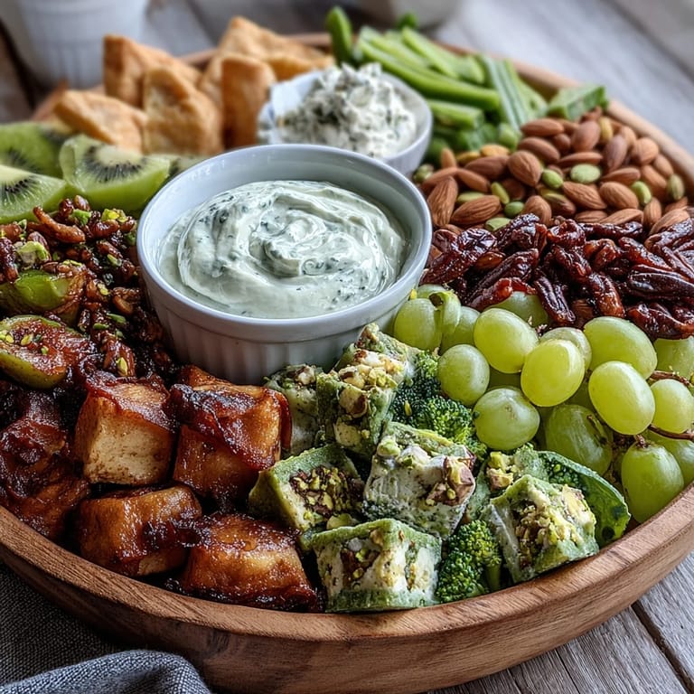Artful green appetizer platter with fresh produce, cheeses, dips, and treats—perfect for St. Patrick's Day parties.