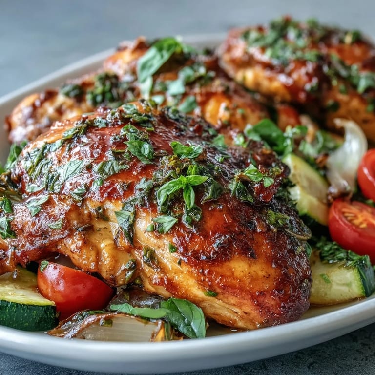 Colorful one-pan meal of tender chicken, zucchini slices, and sweet cherry tomatoes, perfect for a quick weeknight dinner.