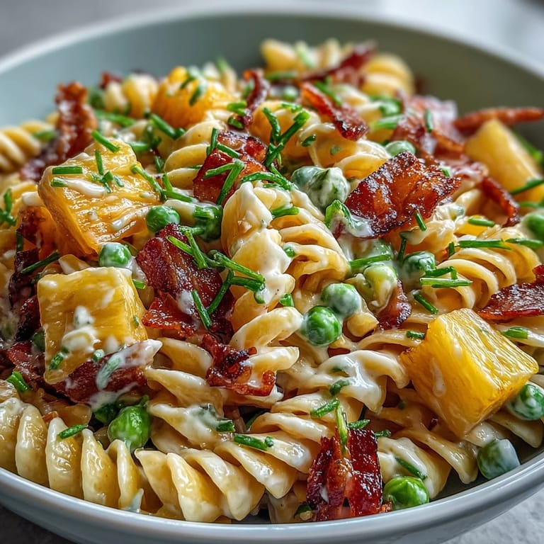 Tropical Hawaiian pasta salad with diced ham, juicy pineapple, and crunchy vegetables, all coated in a rich ranch dressing for a satisfying meal.