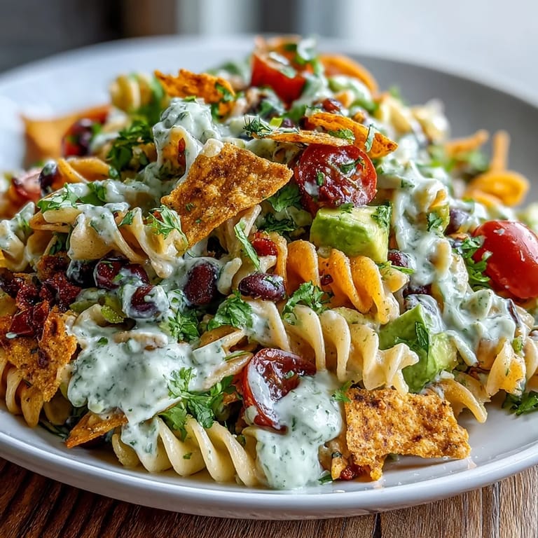 Colorful Tex-Mex pasta salad featuring cherry tomatoes, red bell pepper, and shredded cheddar, topped with crushed tortilla chips for crunch.  