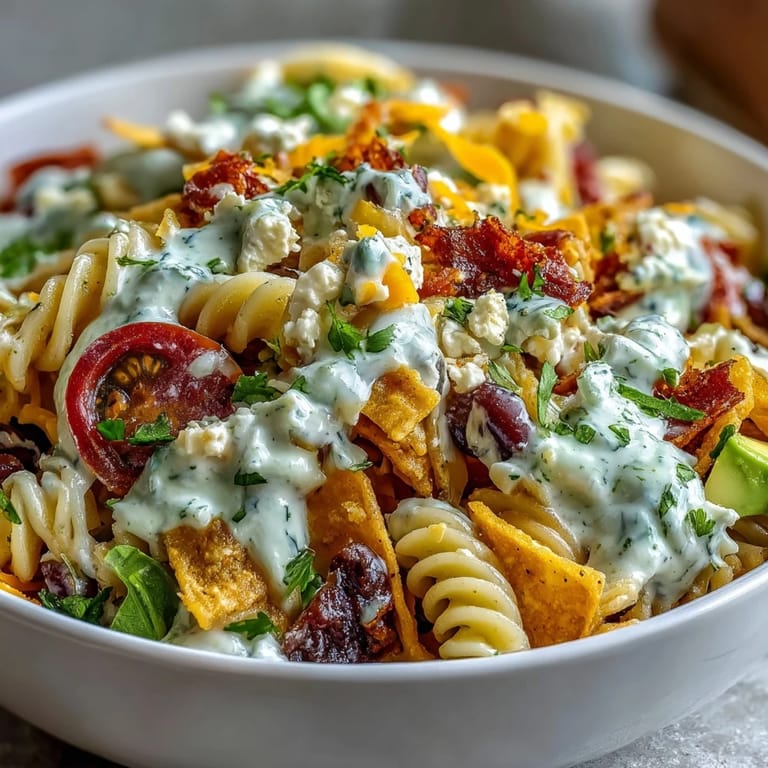 Easy taco pasta salad bursting with fresh cilantro, diced avocado, and zesty sour cream-lime dressing, perfect for casual gatherings.