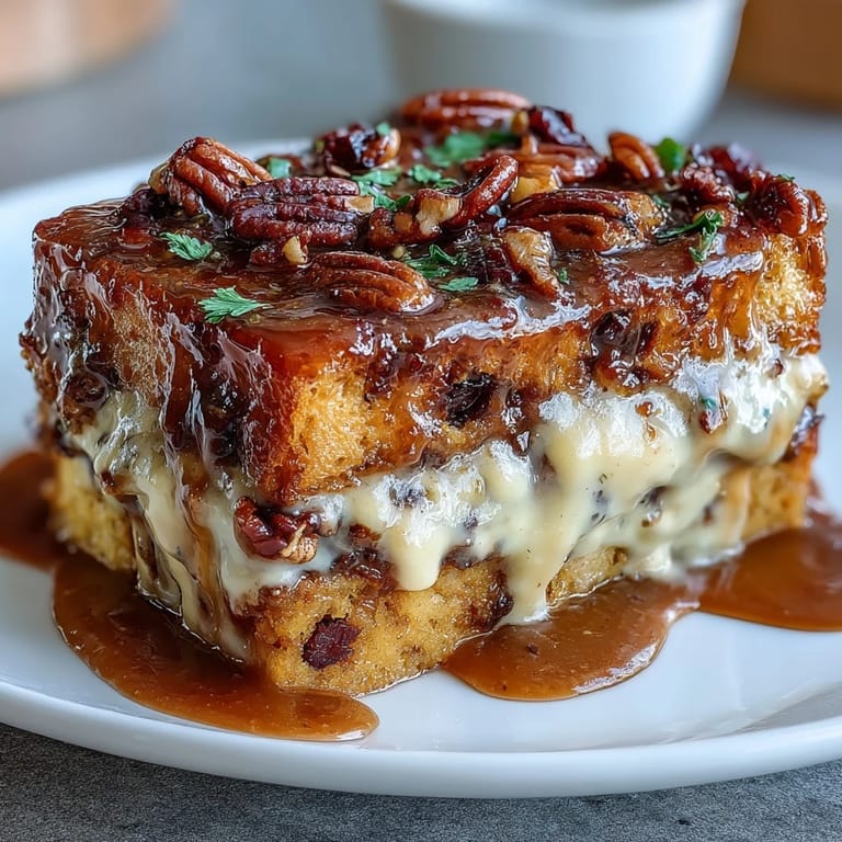 Traditional capirotada Mexicana featuring melted cheese, almonds, and coconut flakes atop soft, syrup-soaked toasted bread.