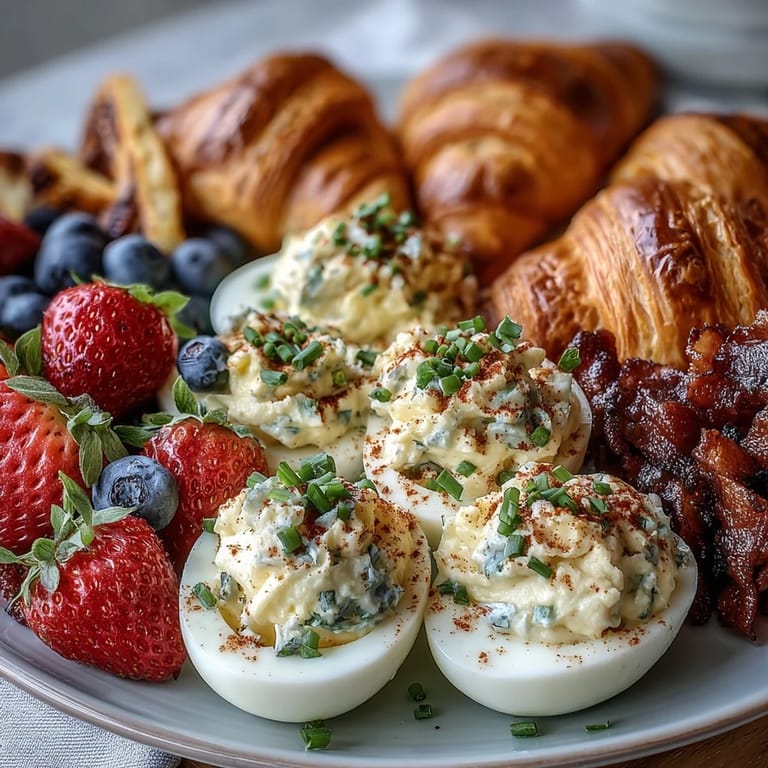 An elegant Easter brunch spread featuring classic deviled eggs, seasonal fruit, and buttery pastries arranged on a rustic serving board.