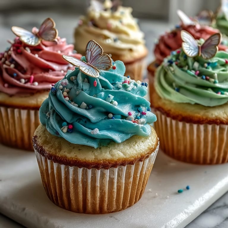 Pastel buttercream cupcakes decorated with butterfly toppers, ideal for Easter or garden parties.