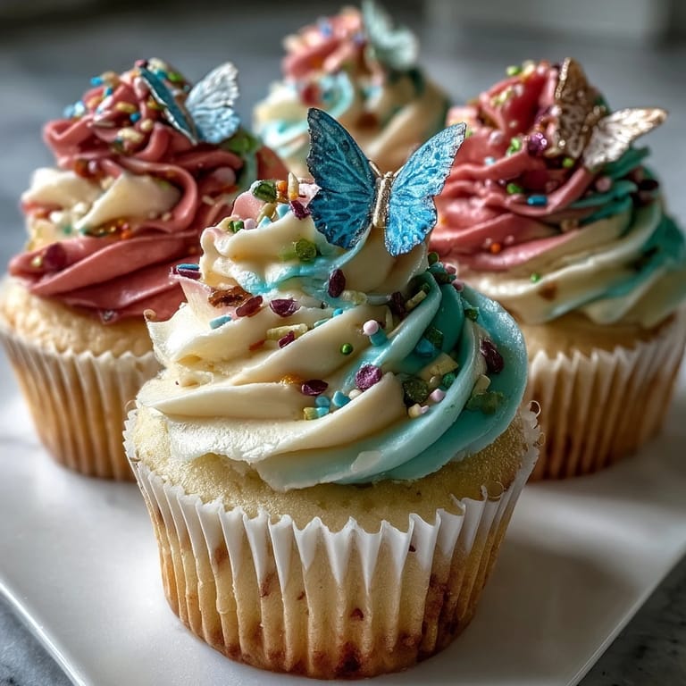 Charming Spring Cupcakes topped with swirled pastel frosting and edible butterfly decorations.  