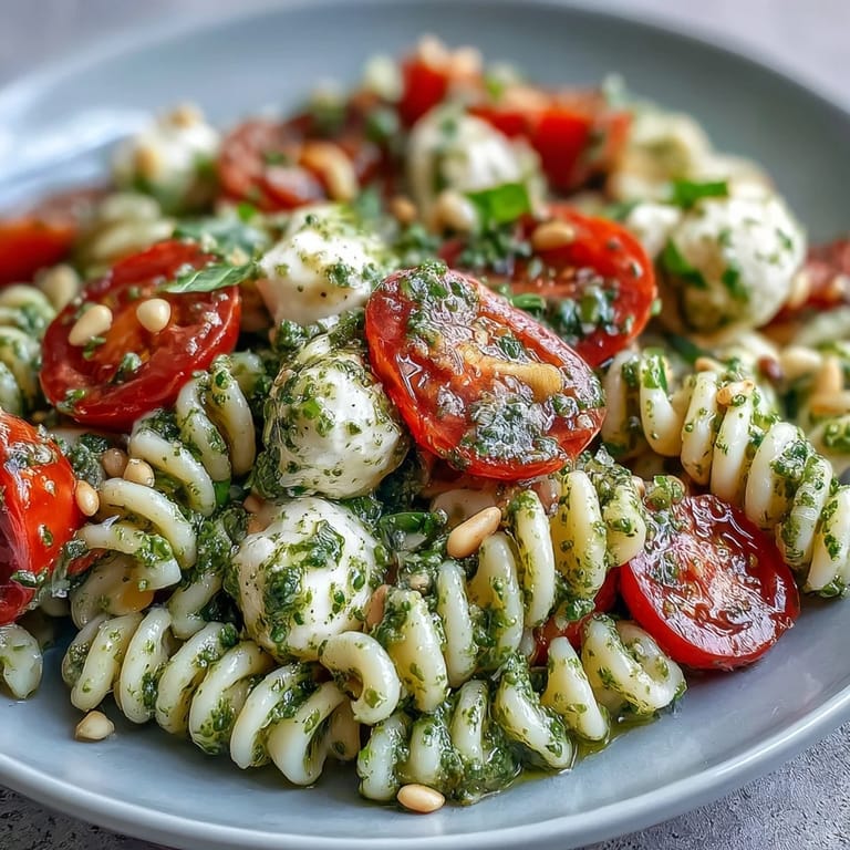 Creamy mozzarella and cherry tomato pasta salad with fragrant pesto, arugula, and lemon zest, ideal for a refreshing vegetarian meal.