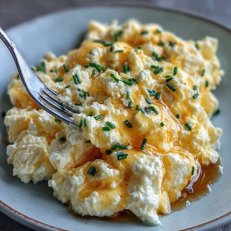 High-protein cottage cheese scrambled eggs served with fresh chives on a white plate.  