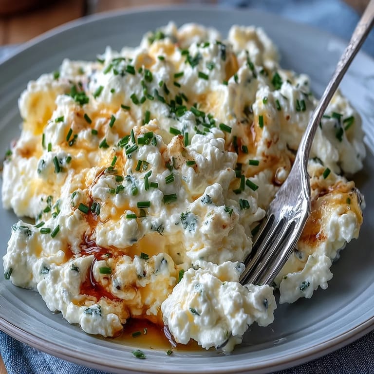 Golden scrambled eggs with cottage cheese, gently cooked for a soft, creamy texture.