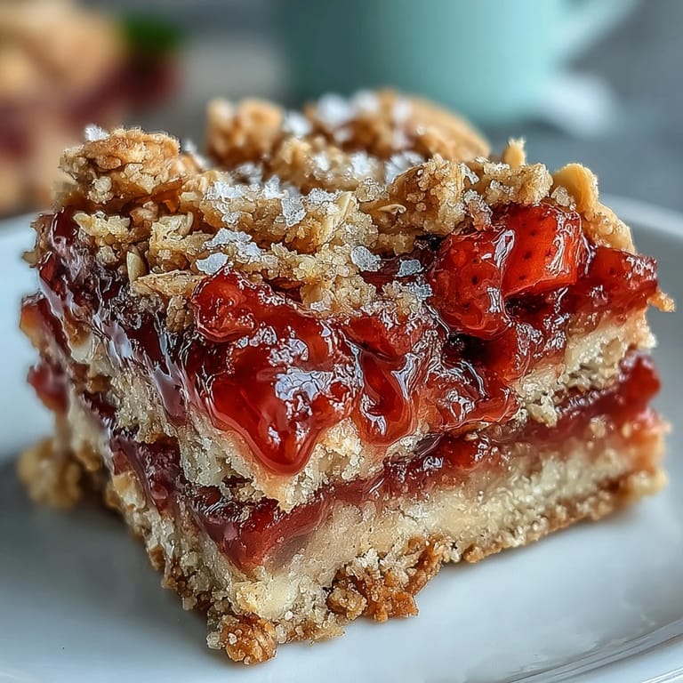 Buttery oat crumble bars layered with tangy-sweet strawberry rhubarb filling, a delightful dessert for summer picnics.