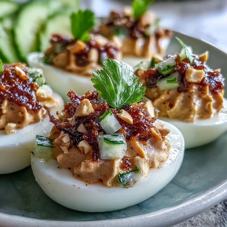Creamy Thai Peanut Deviled Eggs with crunchy cucumber relish, garnished with cilantro and peanuts, perfect for parties or gatherings.