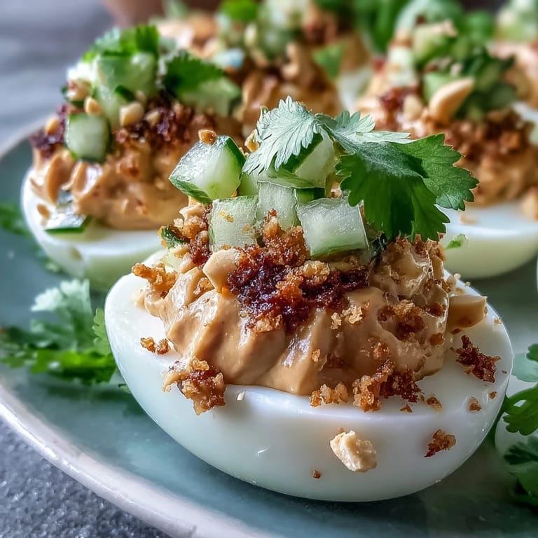 Spicy Thai-inspired deviled eggs with rich peanut sauce, topped with tangy cucumber relish for a vibrant, flavorful appetizer.