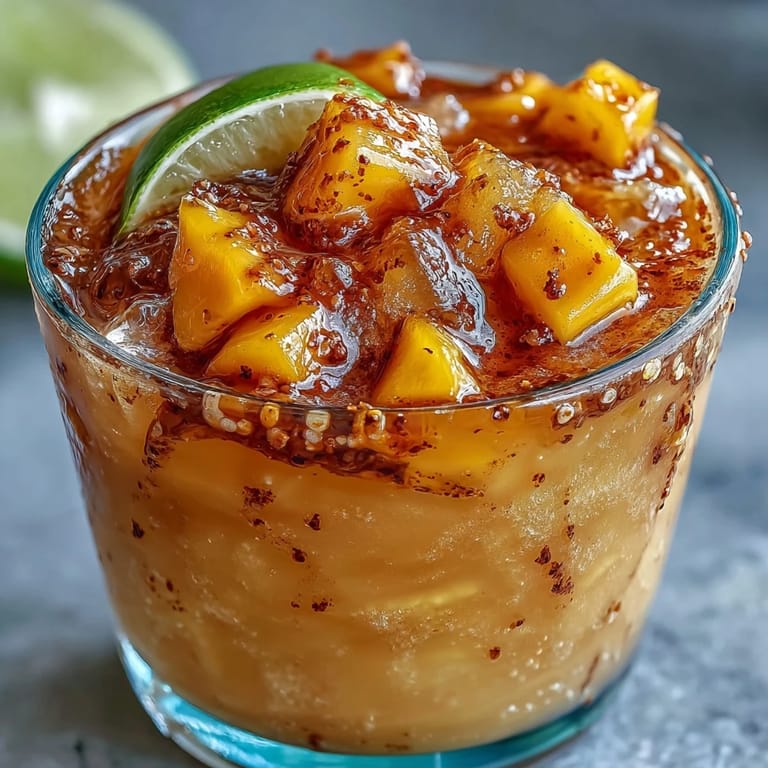 Refreshing alcohol-free mangonada slush bursting with sweet mango, tart lime, and chili-lime spice, garnished with fresh fruit and tamarind candy.
