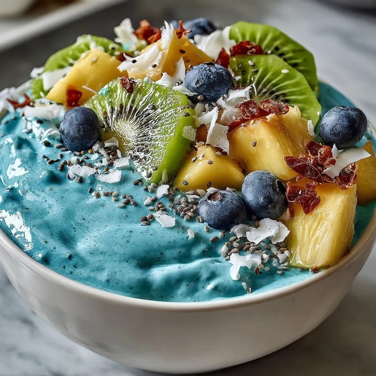 Energizing blue spirulina layered with sweet tropical fruit, a perfect morning treat.