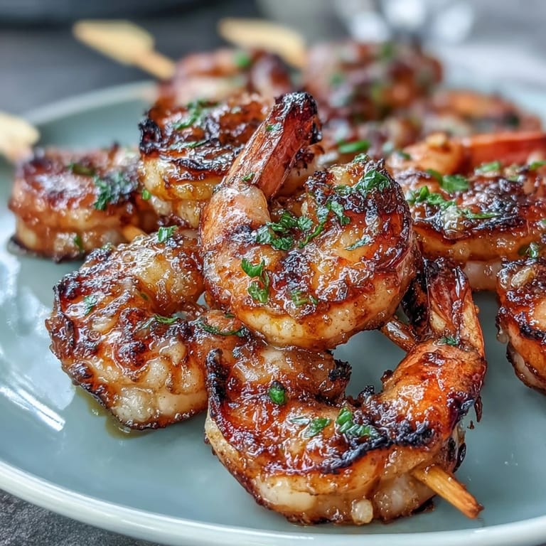 Golden brown honey garlic shrimp skewers, smoky and bursting with flavor.