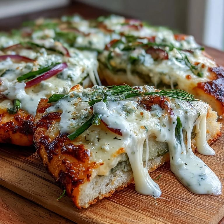 Crispy Pickle Pizza Flatbread, a delicious snack with a zesty ranch drizzle.