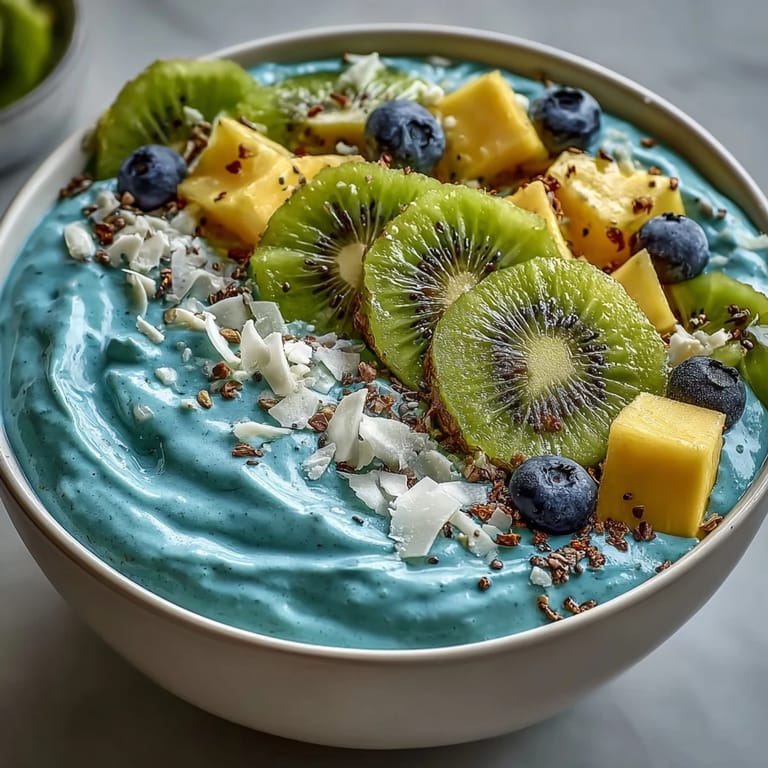Creamy blue spirulina smoothie bowl breakfast topped with colorful fresh fruit.