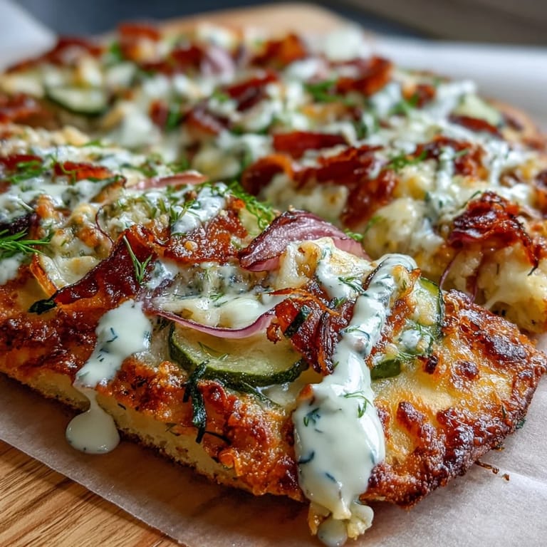 Tangy Pickle Pizza Flatbread topped with bubbly cheese and creamy garlic ranch.