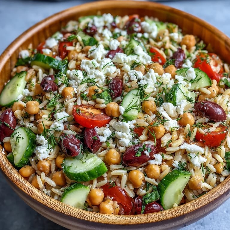 Hearty Mediterranean Orzo with Chickpeas, showcasing plump chickpeas and tender pasta salad.