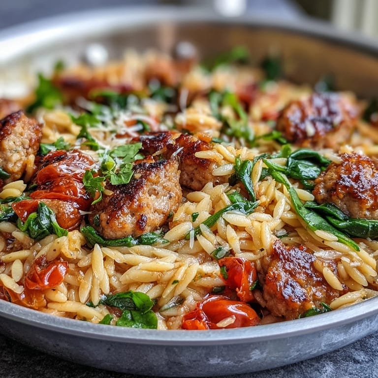 Golden-brown spicy sausage and tender orzo in a rich, flavorful skillet dish.