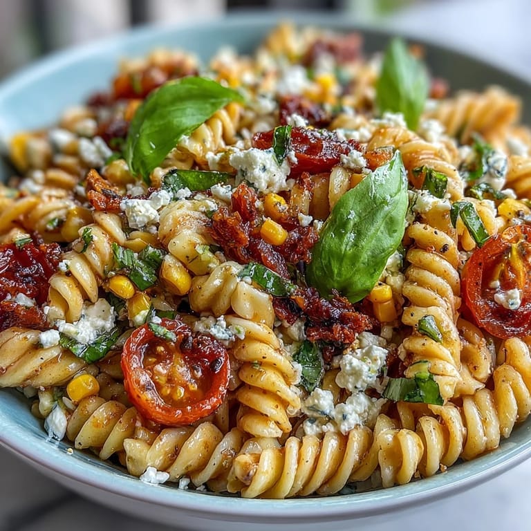 Close-up of summer corn and tomato pasta salad, bursting with fresh flavors.