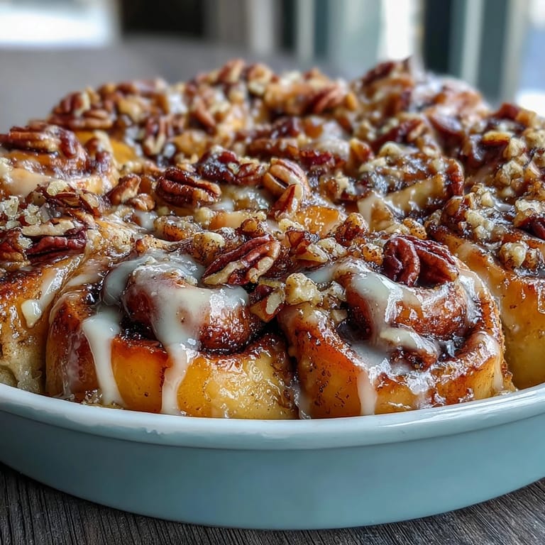 Golden brown peach cobbler cinnamon roll casserole, drizzled with sweet icing.