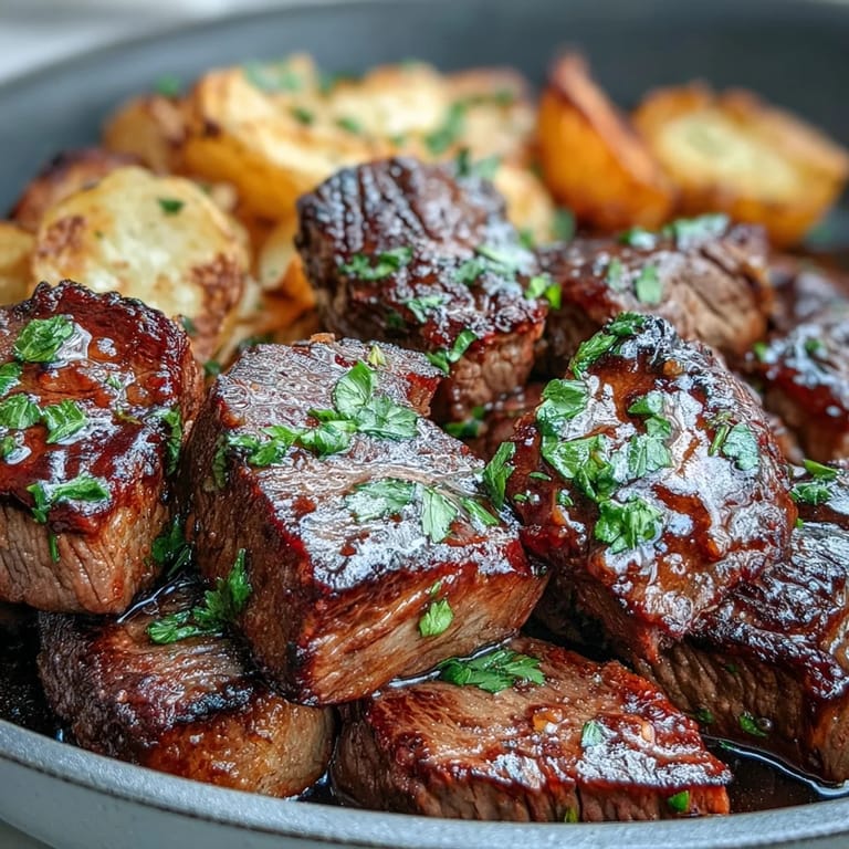 Easy weeknight meal: juicy garlic butter steak bites and tender potatoes.