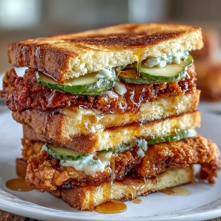 Juicy, crispy chicken sandwich with hot honey glaze and dill pickles.
