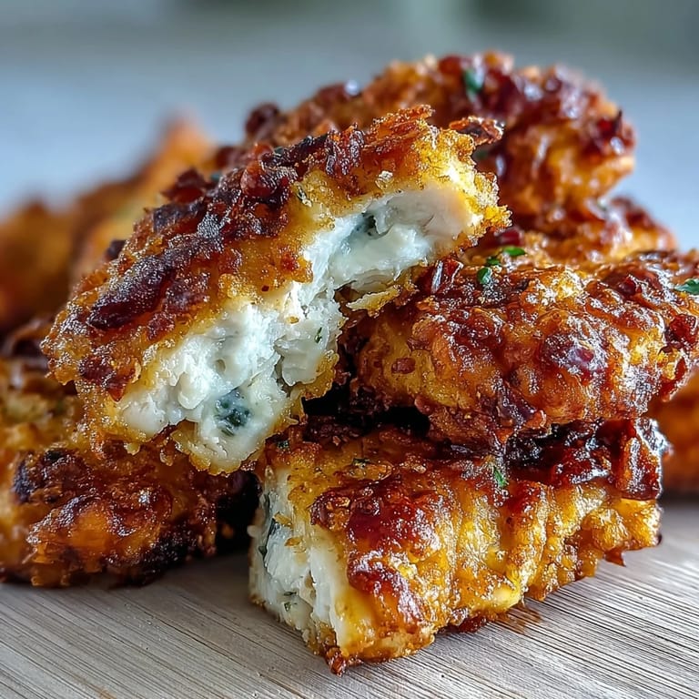 Crispy fried chicken tenders marinated in tangy pickle brine, ideal comfort food.